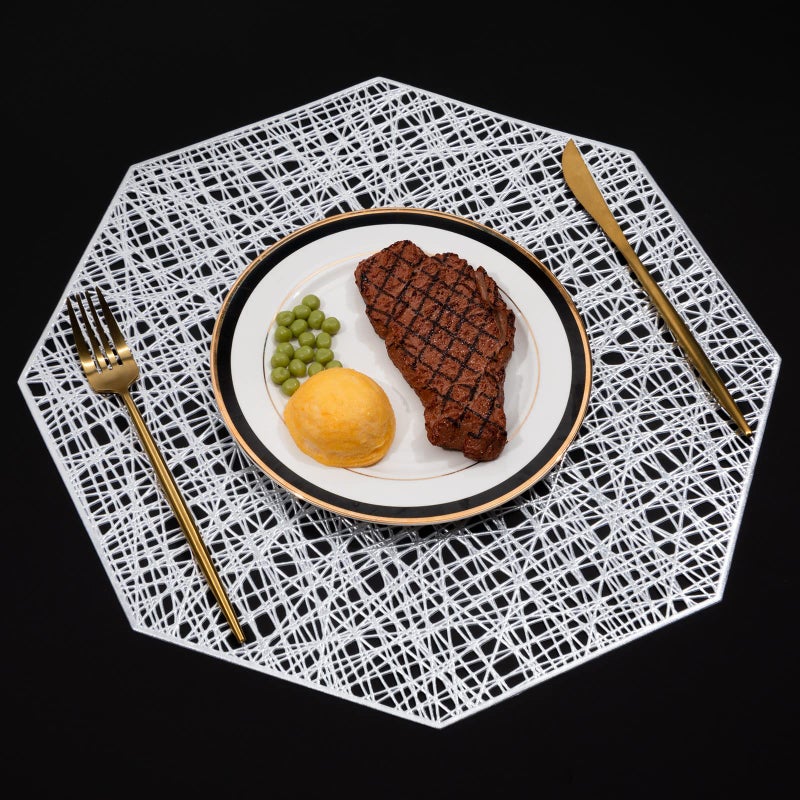 U'Artlines Octagonal Placemats Hollow Out Mats Vinyl Non-Slip Heat Insulation Kitchen Table Mats (Octagonal Silver, 6pcs) - Image 4